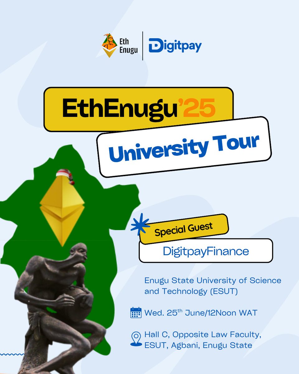 digitpayfinance's tweet photo. Get ready to experience DigitPay live at the @Eth_Enugu UNIVERSITY TOUR!
Weโll be LIVE at ESUT Today, so donโt just hear about it, come experience it for yourself.
See you there!
๐ESUT - Wed, 25th June
โฐ: 12 Noon WAT
#digitpay #ethenugu https://t.co/x7S5xxxBj7