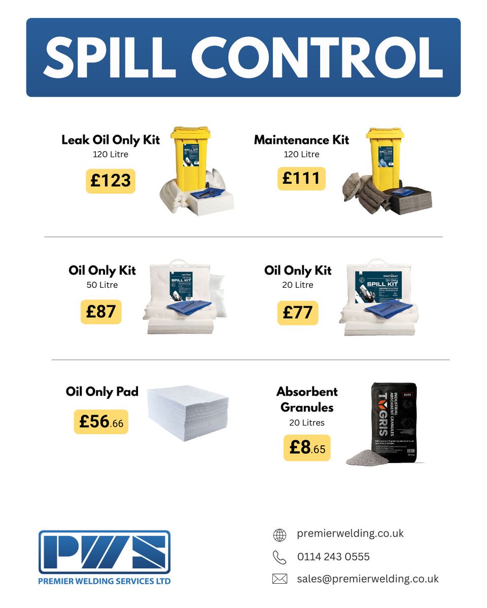 Keep your site spill-safe and compliant.

Our range of spill control kits and absorbents features trusted solutions from <a href="/Portwest/">Portwest</a> and Tygris. From compact 20L kits to 120L wheeled bins – we’ve got you covered.

Call or email today!
📞 0114 243 0555
📧 sales@premierwelding.co.uk