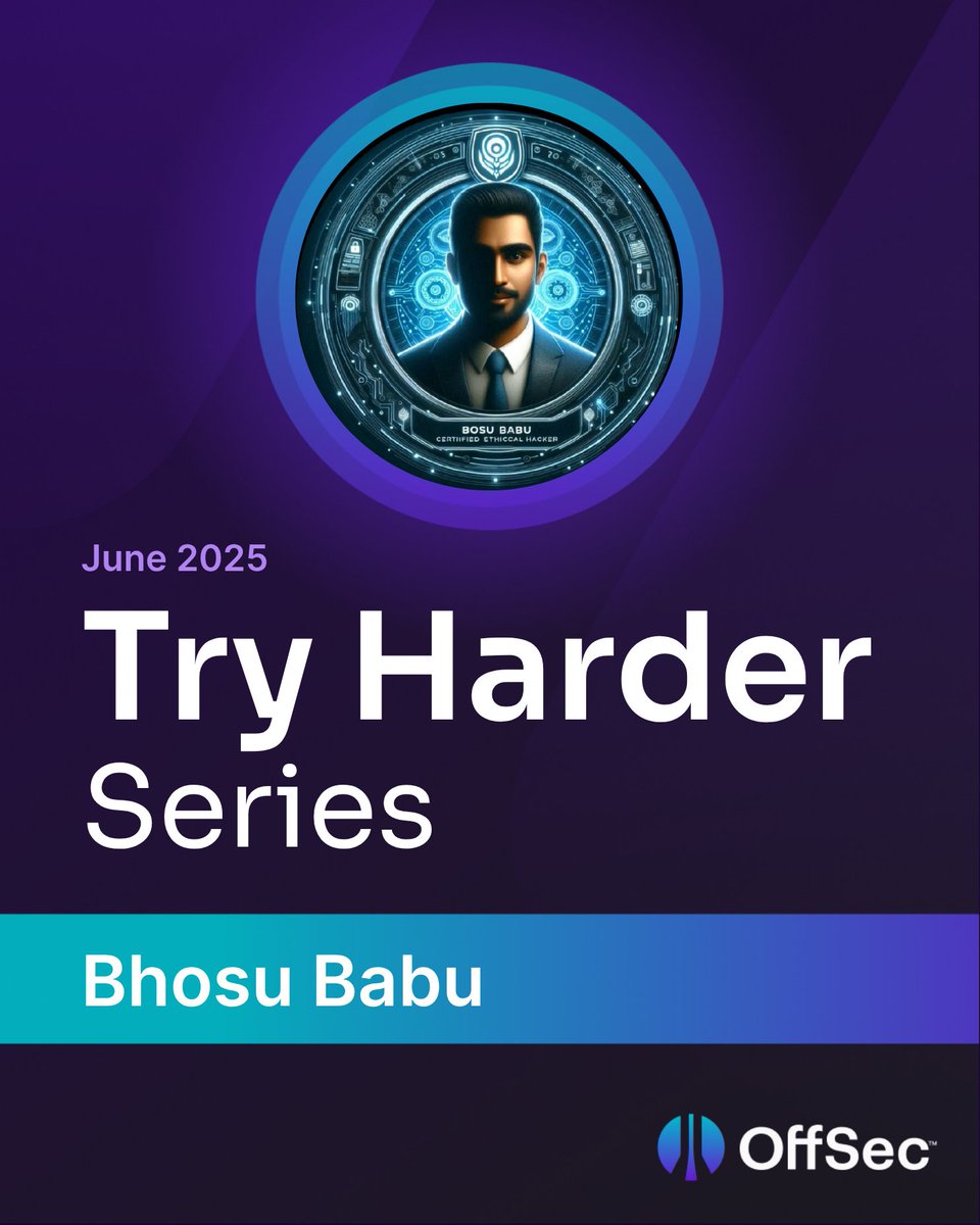 offsectraining's tweet image. Congratulations, Bhosu Babu! 👏

To continue with our Try Harder monthly series, we're celebrating passionate individuals in the OffSec community who embody the spirit of #TryHarder. This month, we’re recognizing Bhosu, who just became OSCP+ certified 🏆🐉

Bhosu, we applaud your