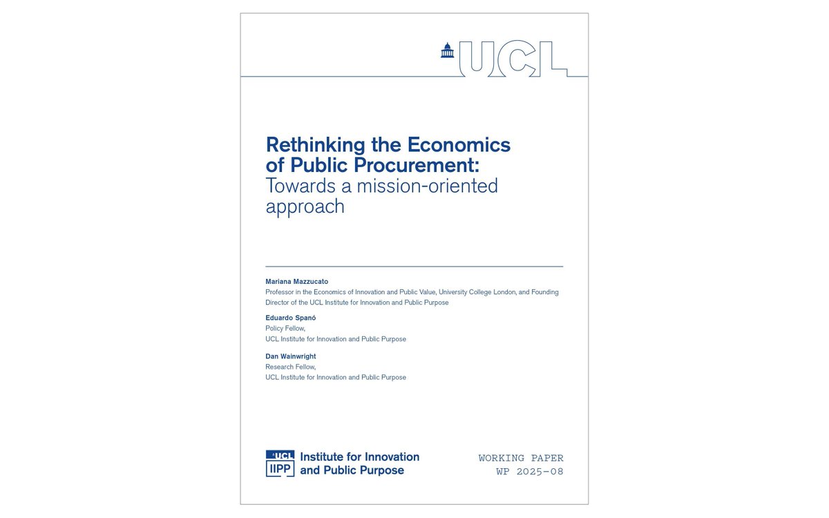 UCL Institute for Innovation and Public Purpose (@iipp_ucl) on Twitter photo 💭 Rethinking the Economics of Public Procurement
The recent working paper by <a href="/IIPP_UCL/">UCL Institute for Innovation and Public Purpose</a> Professor <a href="/MazzucatoM/">Mariana Mazzucato</a>, <a href="/EduardoSpano/">Eduardo Spanó</a>, & <a href="/DanWainwright15/">Dan Wainwright</a> argues for a new economic theory to understand and guide public procurement.
✍️ Read their paper here: buff.ly/vmtghZf 💭 Rethinking the Economics of Public Procurement
The recent working paper by <a href="/IIPP_UCL/">UCL Institute for Innovation and Public Purpose</a> Professor <a href="/MazzucatoM/">Mariana Mazzucato</a>, <a href="/EduardoSpano/">Eduardo Spanó</a>, & <a href="/DanWainwright15/">Dan Wainwright</a> argues for a new economic theory to understand and guide public procurement.
✍️ Read their paper here: buff.ly/vmtghZf