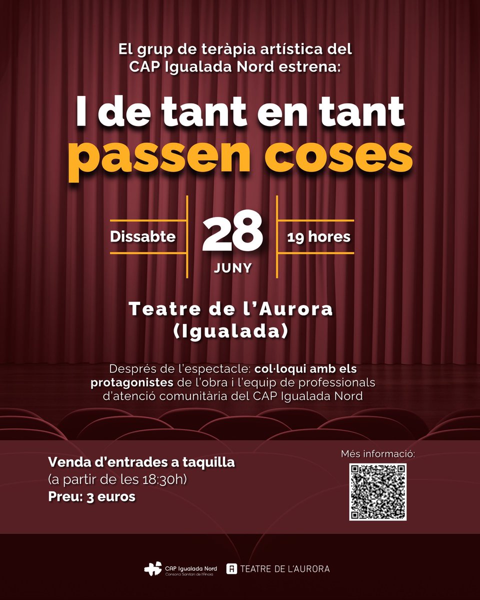 🎭 Aquest cap de setmana tindrà lloc l’estrena de l’obra teatral “I de tant en tant passen coses”. T’ho perdràs? 😊

🗓️ 28 de juny
🕒 19 h
📍 <a href="/teatreaurora/">Teatre de l'Aurora</a> (Igualada)
🎫 Venda d’entrades a taquilla a partir de les 18:30 h (Preu: 3€ - efectiu)

ℹ️ csa.cat/ca/actualitat/…