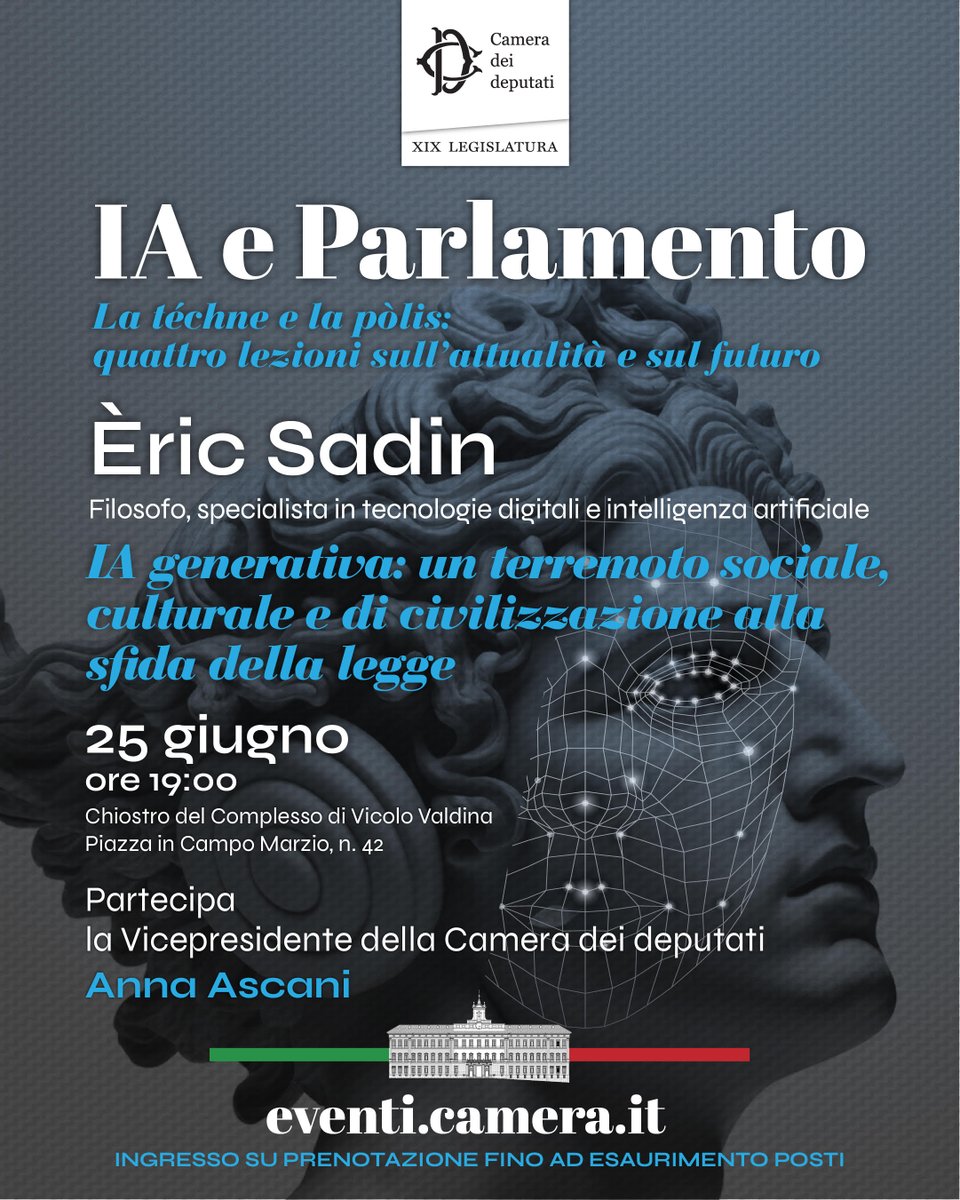 Eric Sadin (@eric_sadin) on Twitter photo Je donnerai ce soir au Parlement italien une "lectio magistralis" devant l'ensemble des députés.
"IA generativa: un terremoto sociale, culturale e di civilizzazione alla sfida della legge", <a href="/Montecitorio/">Camera dei deputati</a>, Roma, mercoledì 25 giugno, 19h.
<a href="/LuissLUP/">Luiss University Press</a>
eventi.camera.it/eventionline/?… Je donnerai ce soir au Parlement italien une "lectio magistralis" devant l'ensemble des députés.
"IA generativa: un terremoto sociale, culturale e di civilizzazione alla sfida della legge", <a href="/Montecitorio/">Camera dei deputati</a>, Roma, mercoledì 25 giugno, 19h.
<a href="/LuissLUP/">Luiss University Press</a>
eventi.camera.it/eventionline/?…