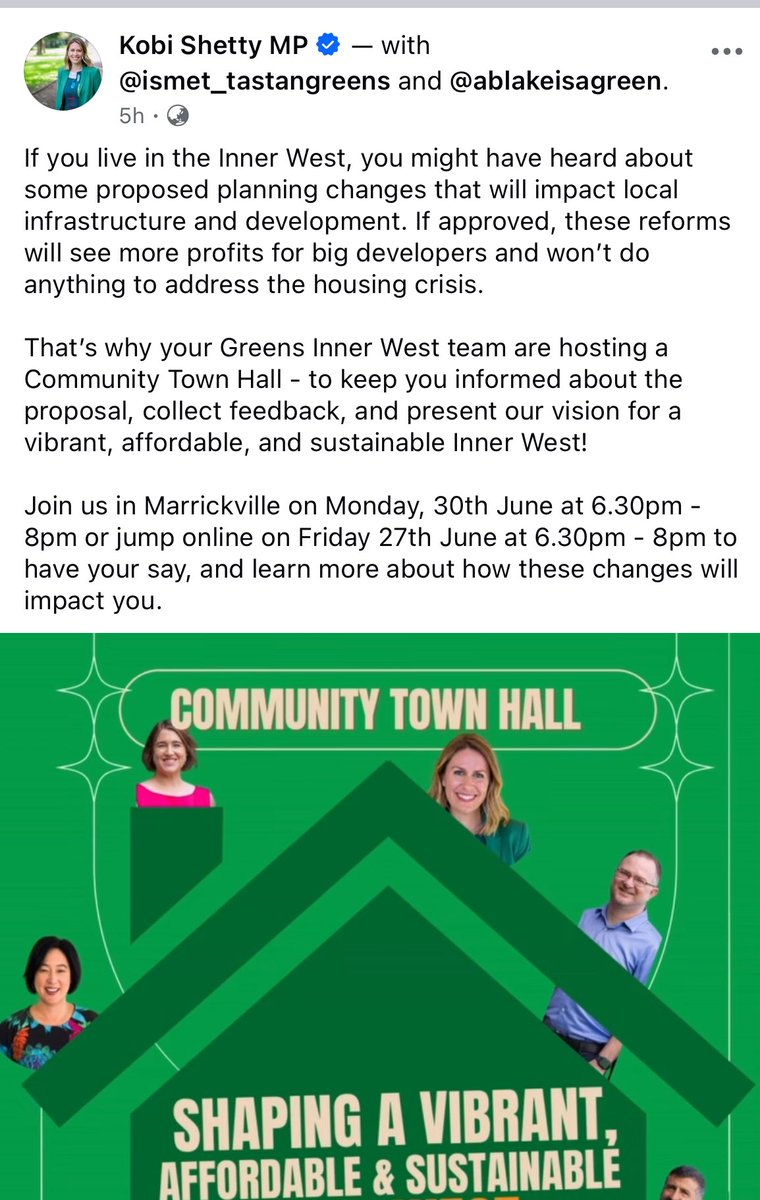 In case anyone was wondering if the NSW Greens are yet in favour of housing, the answer is a resounding no. 

“Won’t do anything for the housing crisis” is a pretty wild claim for a plan for 35,000 new homes including 1,000 units of public housing in Council land.