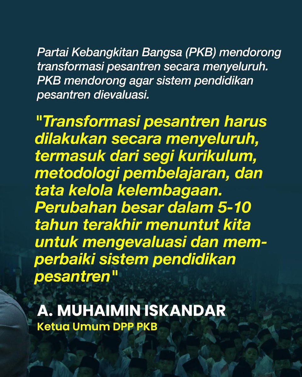 "Transformasi pesantren harus menyentuh seluruh aspek, mulai dari kurikulum, metodologi pembelajaran, hingga tata kelola kelembagaan. Ini menjadi langkah strategis agar pesantren mampu menjawab tantangan masa depan."

#PKB #GusMuhaimin #TransformasiPesantren #PendidikanPesantren