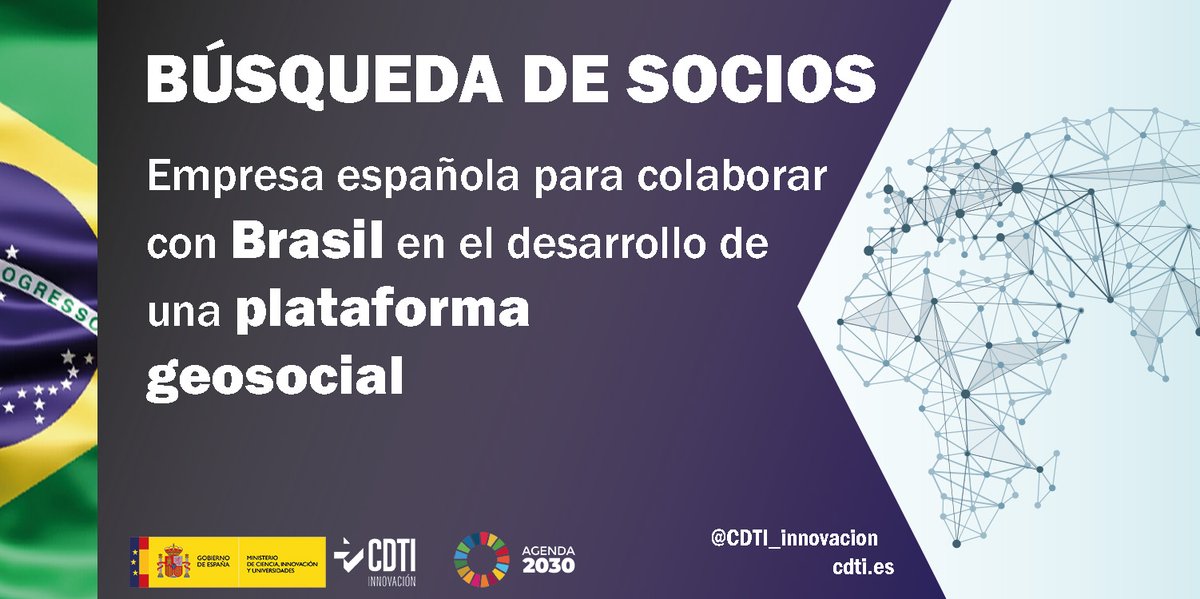 🔊 Búsqueda de empresa española🇪🇸 para colaborar con Brasil🇧🇷 en el desarrollo de una plataforma #geosocial centrada en la #InteligenciaCultural y el #MapeoTerritorial participativo

 🔗 Más info:  acortar.link/yeEEa1

#AyudandoCrearFuturo #CooperaciónTecnológica
