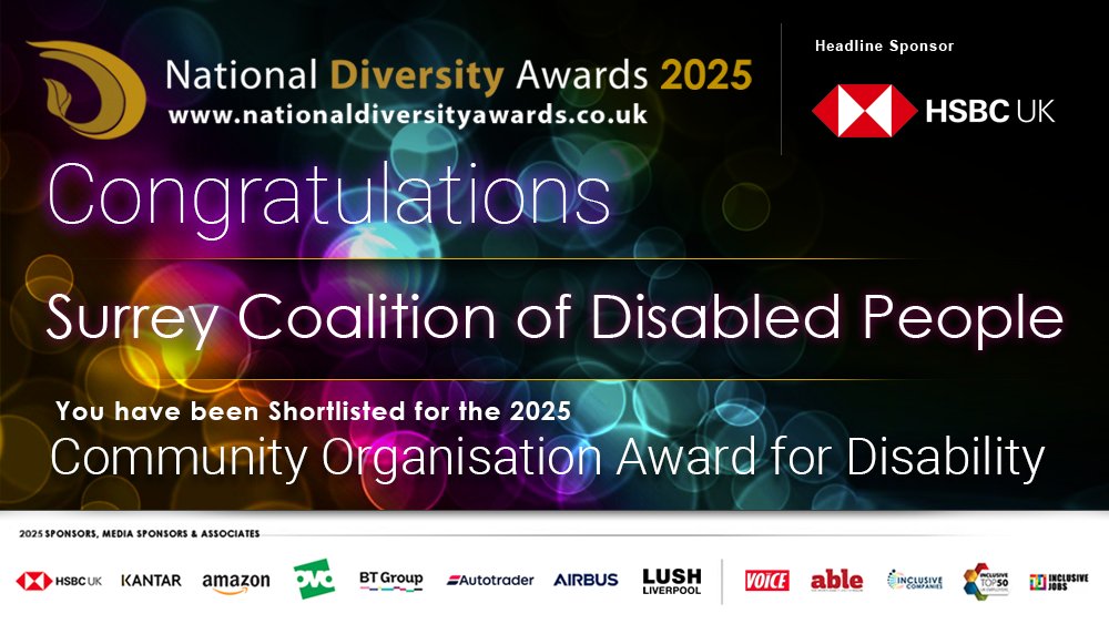 ndawards's tweet photo. Congratulations to all at @SurreyCoalition - You have been shortlisted for the Community Organisation Award for Disability at the National Diversity Awards 2025 in association with @HSBC_UK! Good Luck! #NDA25 #NDA https://t.co/eI44qWirg6