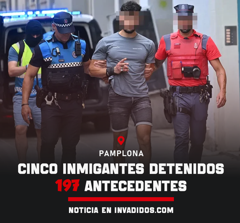 🔴 🇪🇸 #ÚLTIMAHORA | Ayer hubo un gran operativo policial en Pamplona en el que detuvieron a cinco magrebíes de una banda criminal. Los cinco detenidos acumulan 197 antecedentes, incluidos agresiones sexuales, lesiones graves, riñas con armas blancas, robos con fuerza y más.
