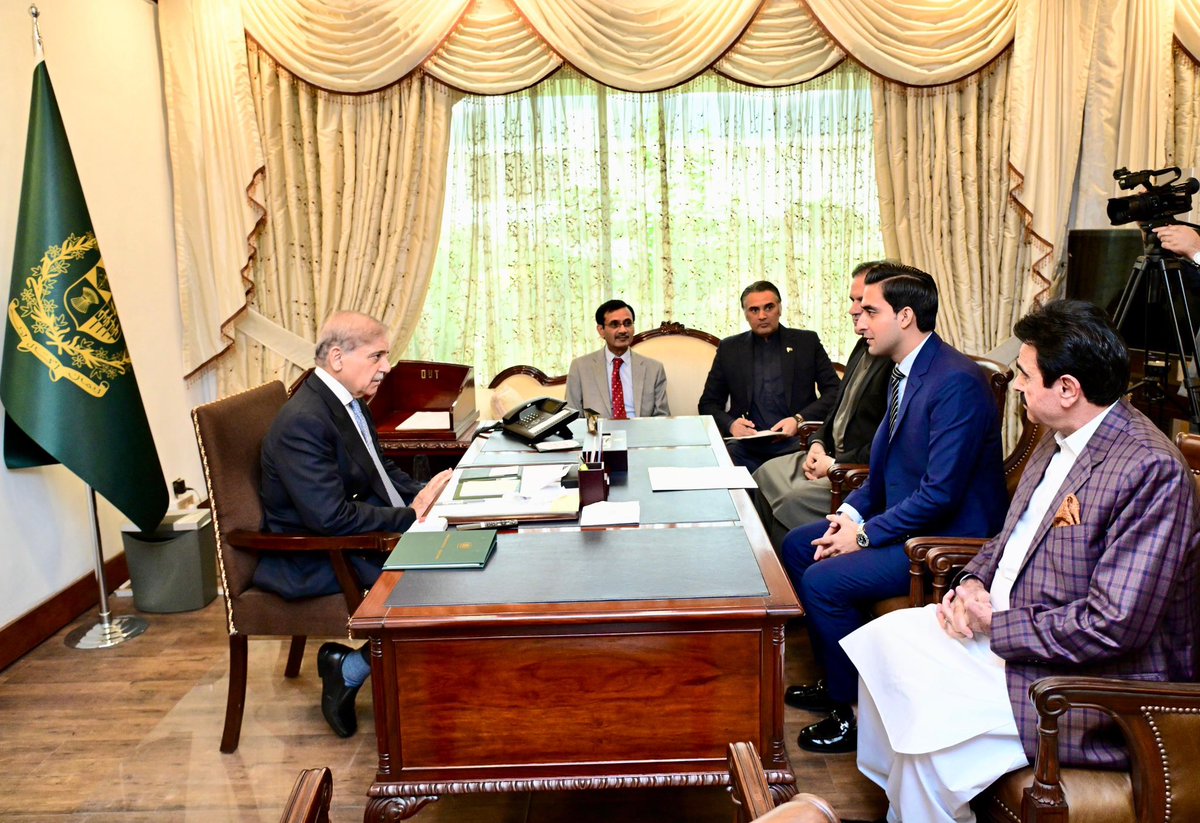MNA Ali Jan Mazari calls on Prime Minister Muhammad Shehbaz Sharif at Parliament House.