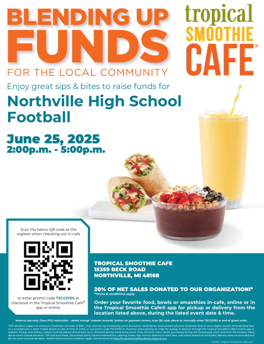 Stop by Tropical Smoothie on Beck TODAY between 2-5pm for a late lunch/early dinner to benefit the Northville Football program!