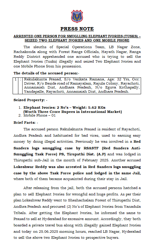 MalkajgiriCop's tweet photo. The sleuths of the #SpecialOperationsTeam, LB Nagar Zone, Rachakonda, in coordination with Forest Range Officials of Hayathnagar, #apprehended an individual attempting to illegally sell #elephant #ivory (tusks). Two elephant tusks and one mobile phone were #seized from his possession. 

@TelanganaCOPs @DCPLBNagar @DcpMalkajgiri @DcpBhongir @DCPMaheshwaram @ntdailyonline @TelanganaToday @eenadulivenews @v6velugu @ManaTelanganaIN @sakshinews @thenewsminute @TOIHyderabad @XpressHyderabad @DeccanChronicle @TheDailyPioneer @TheHansIndiaWeb @the_hindu @TheDailyMilap @TheSiasatDaily @way2_news @abntelugutv @IndianExpress @NewIndianXpress @IndiaToday @bbcnewstelugu
