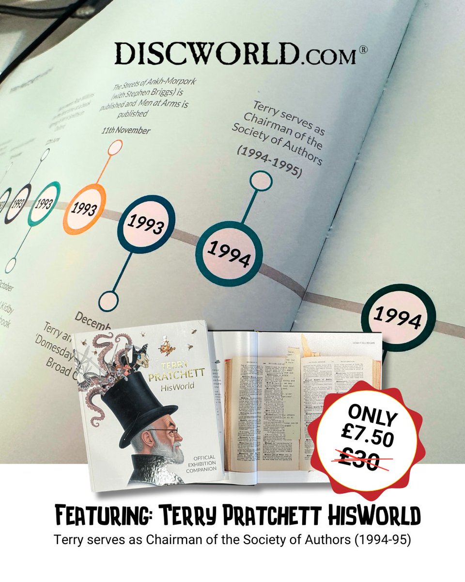 Discworld_com's tweet image. Have you seen the book 'Terry Pratchett HisWorld'? It's a large hardback, down to only £7.50. A fully illustrated guide designed as an official companion to the award winning 2017 exhibition. It features this wonderful timeline of significant events in Terry's life, over three…