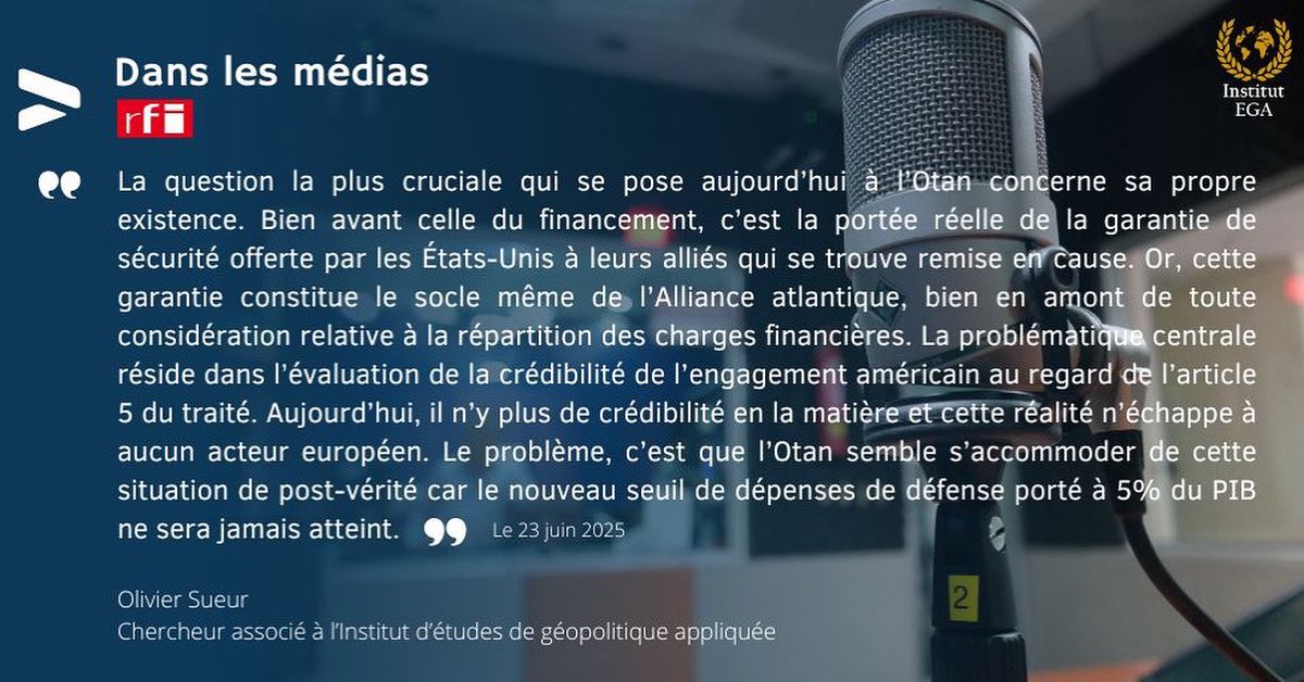 🎙️ « La question la plus cruciale pour l’OTAN aujourd’hui concerne sa propre existence. » — <a href="/SueurOlivier/">Olivier Sueur</a> (<a href="/Institut_EGA/">Institut d’études de géopolitique appliquée</a>) sur <a href="/RFI/">RFI</a> 

💡 L’enjeu n’est plus budgétaire, mais stratégique ⤵️