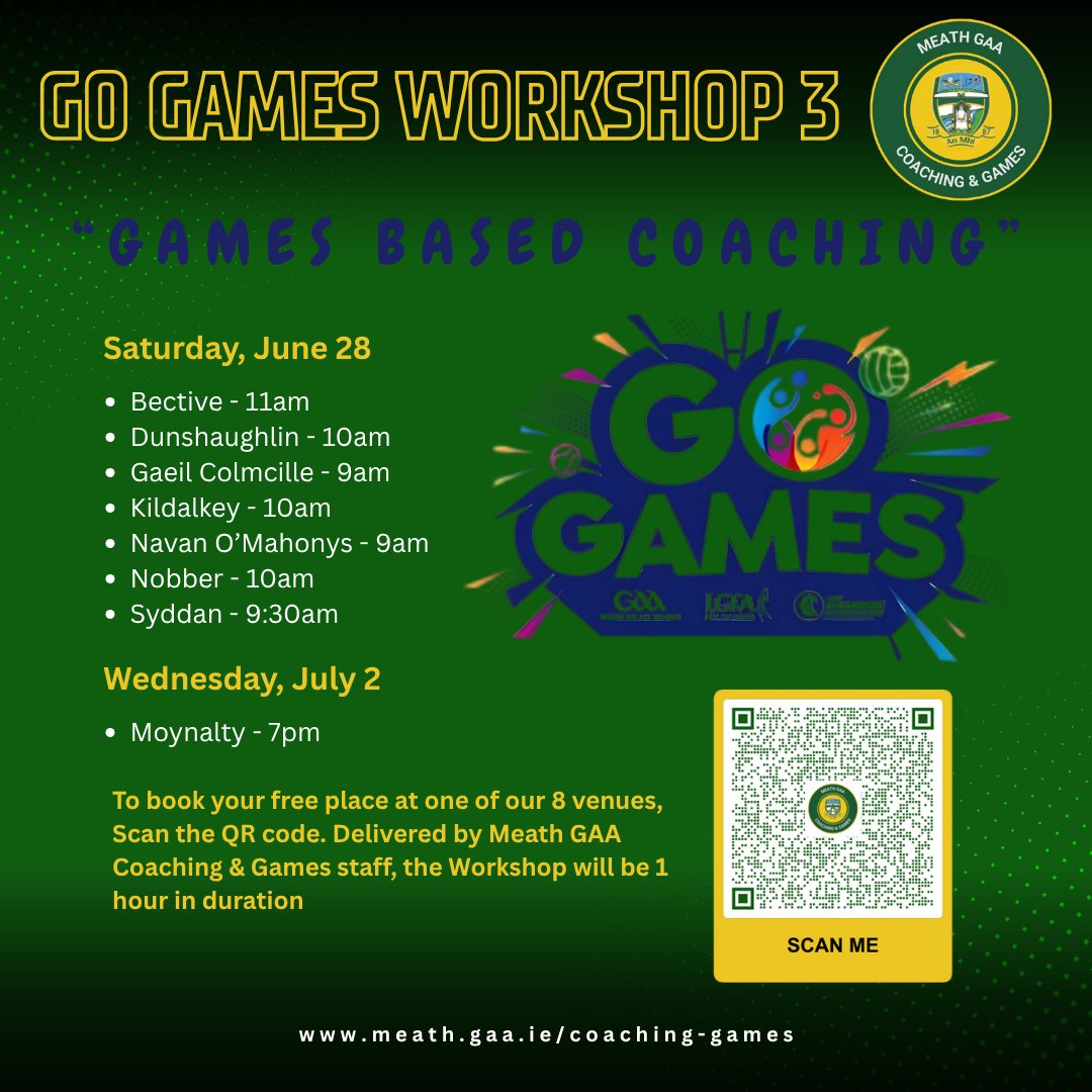 The last of our three <a href="/MeathGAA/">Meath GAA</a> Go Games Workshops of 2025 - "Games Based Coaching" - will be delivered by Coaching &amp; Games staff over the coming week.

To book your free place at any one of our 8 venues, scan the QR code or click on the 🔗below:

forms.office.com/pages/response…...