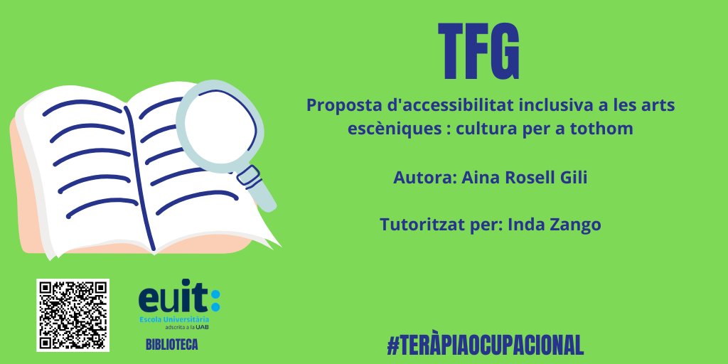 👩‍🎓#TFG #TeràpiaOcupacional 

📗 Proposta d'accessibilitat inclusiva a les arts escèniques: cultura per a tothom d'Aina Rosell <a href="/ainarogi/">aina :)</a>, tutoritzat per la Dra. Inda Zango de la <a href="/euit_terrassa/">EUIT</a> 

📍Disponible al repositori #DDEUIT 📎euit.koha.es/cgi-bin/koha/o…