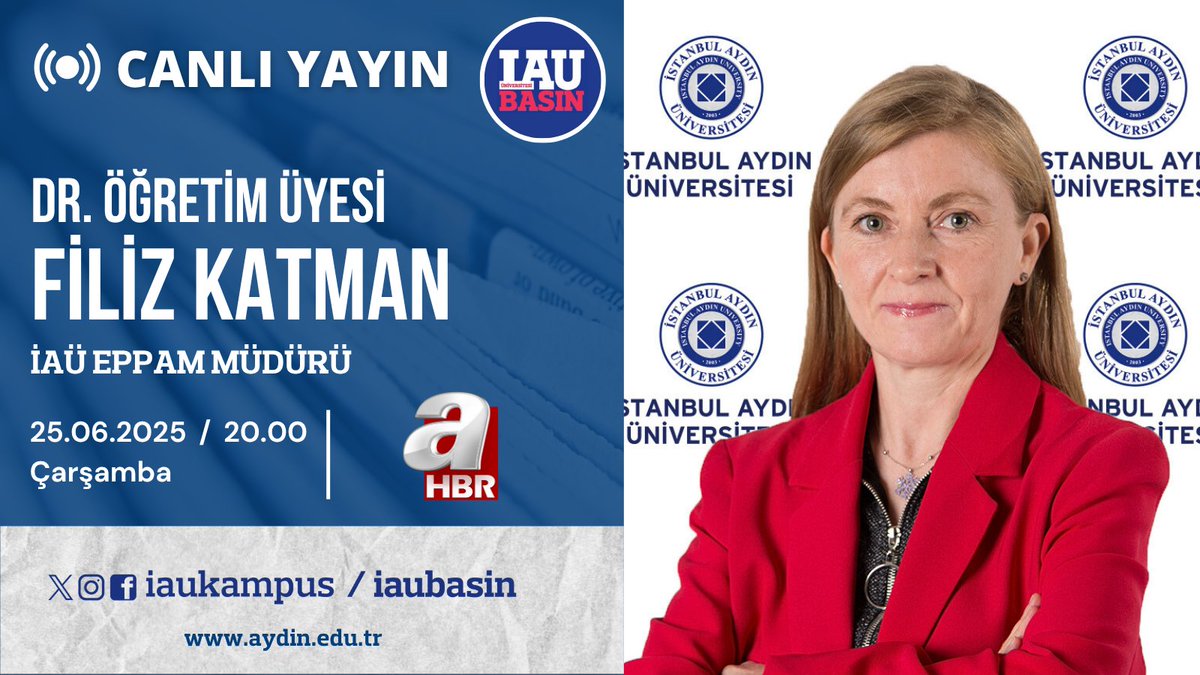 İstanbul Aydın Üni. Kurumsal İletişim Direktörlüğü (@iaubasin) on Twitter photo 📺 Öğretim Üyemiz ve EPPAM Müdürümüz Dr. Filiz Katman, dış politika gündemiyle ilgili değerlendirmelerde bulunacak.
İzlemek için 📷 ahaber.com.tr/video/canli-ya…
<a href="/drmaydin/">Prof. Dr. Mustafa AYDIN</a>
<a href="/IAUKampus/">İstanbul Aydın Üniversitesi</a>
<a href="/iauiibf_/">İAÜ İktisadi ve İdari Bilimler Fakültesi</a>
<a href="/IAU_EPPAM/">IAU_EPPAM</a>
<a href="/filizkt/">Filiz Katman</a>
<a href="/ahaber/">A Haber</a> 📺 Öğretim Üyemiz ve EPPAM Müdürümüz Dr. Filiz Katman, dış politika gündemiyle ilgili değerlendirmelerde bulunacak.
İzlemek için 📷 ahaber.com.tr/video/canli-ya…
<a href="/drmaydin/">Prof. Dr. Mustafa AYDIN</a>
<a href="/IAUKampus/">İstanbul Aydın Üniversitesi</a>
<a href="/iauiibf_/">İAÜ İktisadi ve İdari Bilimler Fakültesi</a>
<a href="/IAU_EPPAM/">IAU_EPPAM</a>
<a href="/filizkt/">Filiz Katman</a>
<a href="/ahaber/">A Haber</a>