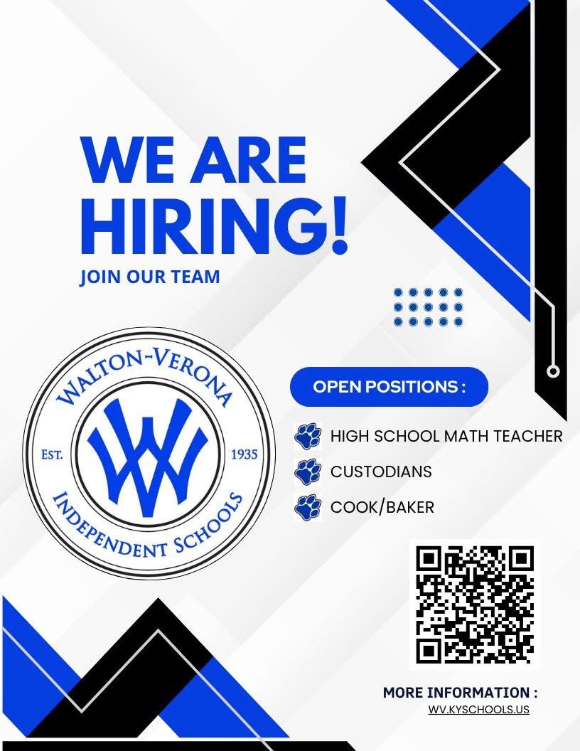 Walton-Verona Independent Schools is now accepting applications for the 2025-2026 school year! 

Join our dedicated team of educators and staff who are committed to making a difference every day.

Apply today and help us build a brighter future!

applitrack.com/wvkyschools/on…