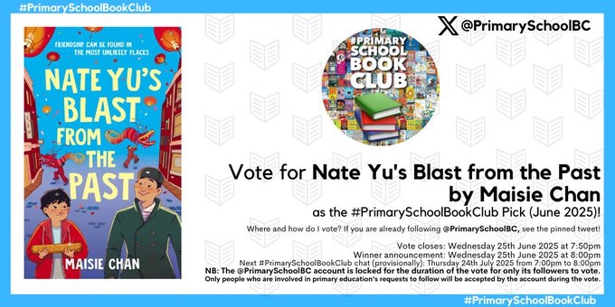 Maisie Chan - BLUESKY @maisiechanwrites (@maisiewrites) on Twitter photo Vote for me! I'm thrilled that Nate Yu's Blast from the Past has been included in the #PrimarySchoolBookClub June 2025 vote this evening. Head to
<a href="/PrimarySchoolBC/">#PrimarySchoolBookClub</a>
and vote for it using the pinned tweet! <a href="/piccadillypress/">Piccadilly Press 📖✨</a> <a href="/bonnierbooks_uk/">Bonnier Books UK</a> Vote for me! I'm thrilled that Nate Yu's Blast from the Past has been included in the #PrimarySchoolBookClub June 2025 vote this evening. Head to
<a href="/PrimarySchoolBC/">#PrimarySchoolBookClub</a>
and vote for it using the pinned tweet! <a href="/piccadillypress/">Piccadilly Press 📖✨</a> <a href="/bonnierbooks_uk/">Bonnier Books UK</a>