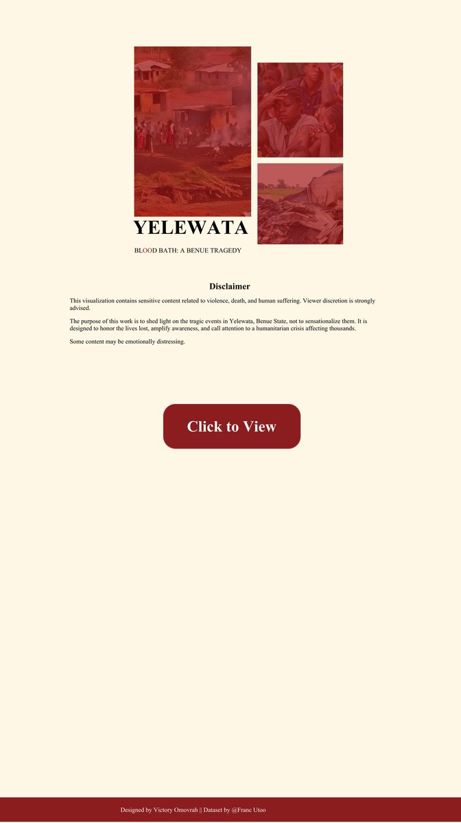 VizWithVictory's tweet image. 💔 Over 150 killed in Yelewata, Benue.

I visualized this tragedy with care, including a viewer disclaimer before the dashboard.

🕊️ A tribute in data.
 public.tableau.com/app/profile/vi…
#Yelewata #BenueMassacre #DataForGood #Tableau #Nigeria