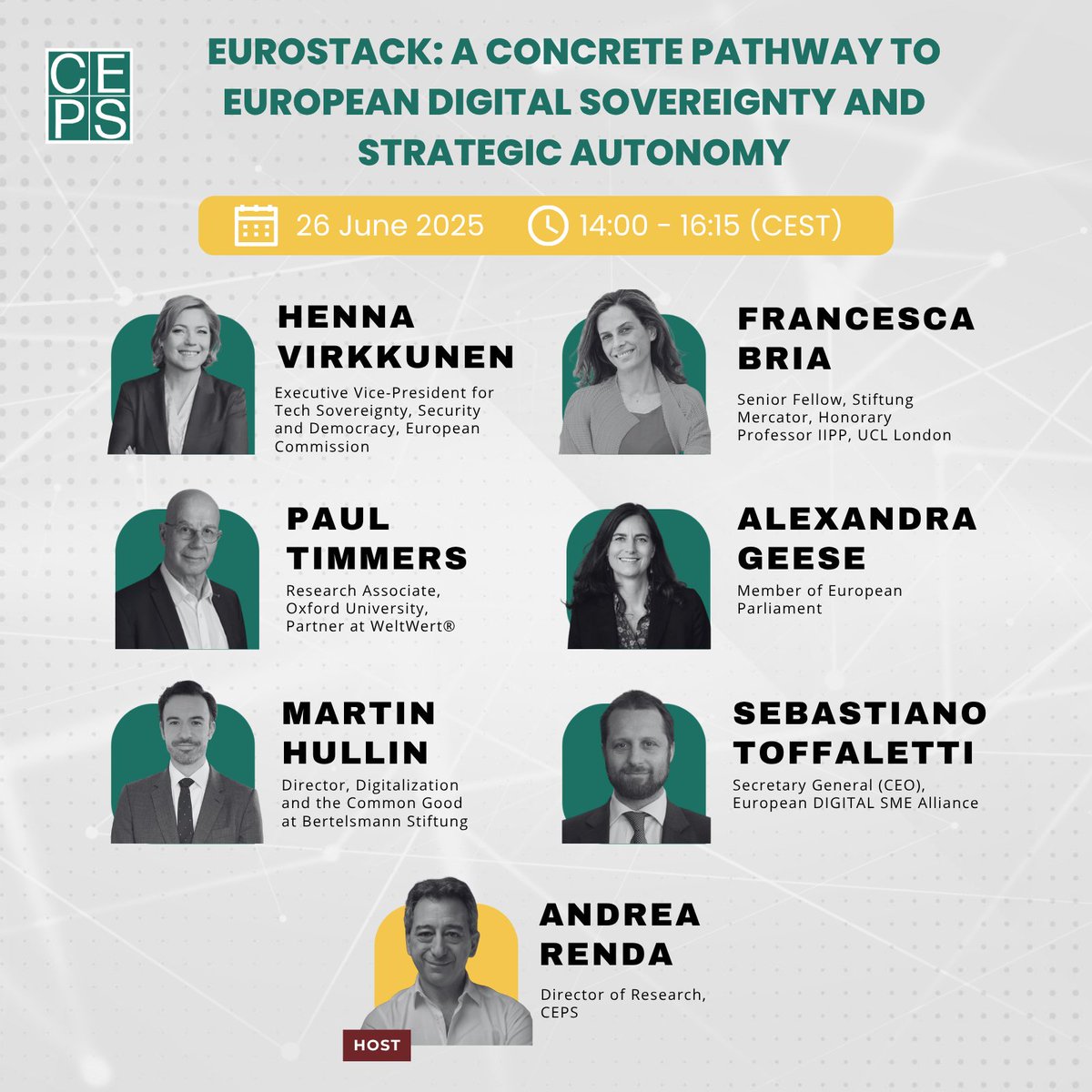 CEPS ThinkTank (@ceps_thinktank) on Twitter photo ⏰ TOMORROW/ Don't miss our event with <a href="/BertelsmannSt/">Bertelsmann Stiftung</a> on the new #EuroStack resolution and its possible impacts on European digital sovereignty and strategic autonomy. We will hear from:
📌 Vice President <a href="/HennaVirkkunen/">Henna Virkkunen</a>
📌 <a href="/francesca_bria/">Francesca Bria (@francescabria.bsky.social)</a>, <a href="/MercatorDE/">Stiftung Mercator</a> / <a href="/IIPP_UCL/">UCL Institute for Innovation and Public Purpose</a>
📌 ⏰ TOMORROW/ Don't miss our event with <a href="/BertelsmannSt/">Bertelsmann Stiftung</a> on the new #EuroStack resolution and its possible impacts on European digital sovereignty and strategic autonomy. We will hear from:
📌 Vice President <a href="/HennaVirkkunen/">Henna Virkkunen</a>
📌 <a href="/francesca_bria/">Francesca Bria (@francescabria.bsky.social)</a>, <a href="/MercatorDE/">Stiftung Mercator</a> / <a href="/IIPP_UCL/">UCL Institute for Innovation and Public Purpose</a>
📌