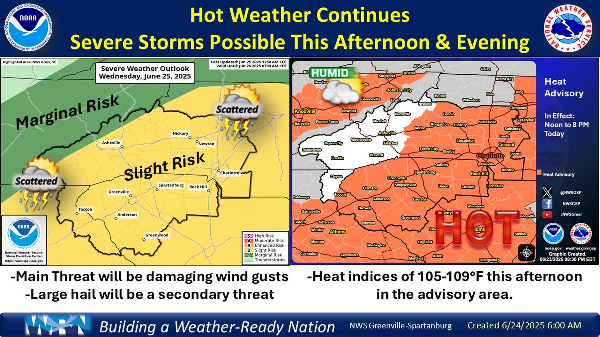 Another hot and humid day on tap. We might get some relief thanks to scattered showers and thunderstorms this afternoon into this evening, but with a risk of severe storms. Damaging wind gusts will be the main threat. Isolated large hail is also possible. 
#ncwx #scwx #gawx