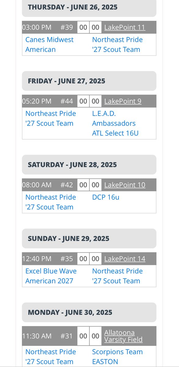 I will be in Georgia for the Lake point National Championship playing for Northeast Pride 27’ Scout.  My schedule for this tournament is below. <a href="/prepbaseball/">Prep Baseball</a>