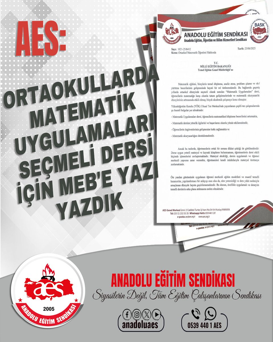 AES:  ORTAOKULLARDA MATEMATİK UYGULAMALARI SEÇMELİ DERSİ İÇİN MEB'E YAZI YAZDIK

Matematik eğitimi, bireylerin temel düşünme, analiz etme, problem çözme ve akıl yürütme becerilerinin gelişmesinde hayati bir rol üstlenmektedir. Bu bağlamda geçmiş yıllarda ortaokul düzeyinde