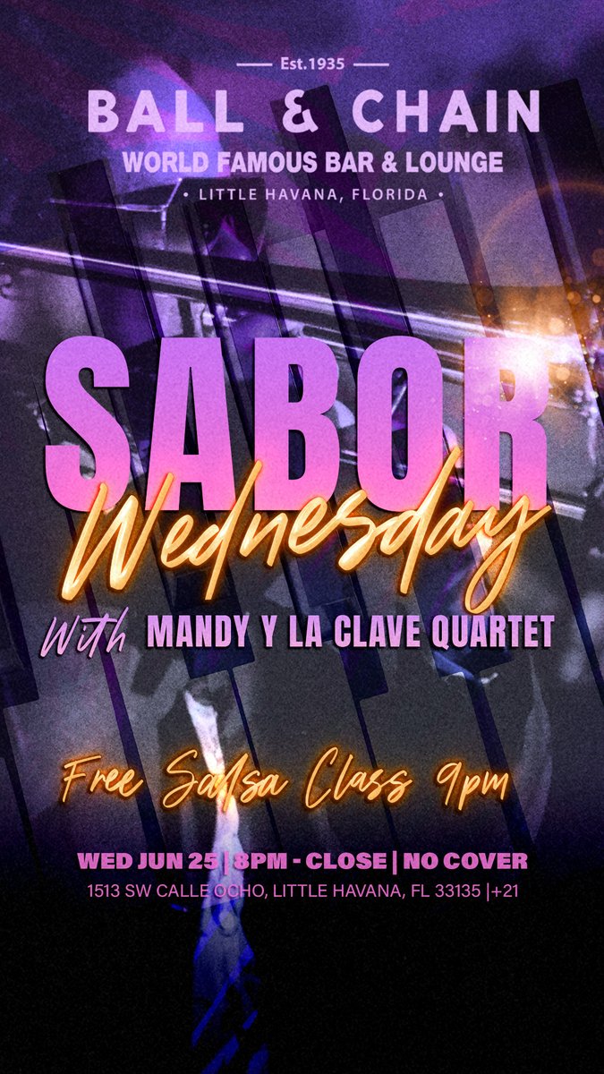 BallAndChainBar's tweet photo. TODAY: #LiveMusic noon to 9 p.m., #HappyHour 4 to 7, then the all-new #SaborWednesday with the Mandy y La Clave Quartet + a FREE #SalsaClass, 9
TOMORROW: #SalsaNight ft. @DJElRusso, 8 and a FREE #SalsaLesson, 9
#supportlocal https://t.co/kBdwIKSopr
ππ https://t.co/B2ipyohkDY