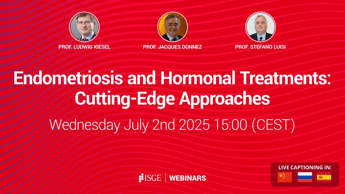 #ISGEwebinar
Join us for the upcoming webinar "Endometriosis and Hormonal Treatments: Cutting-Edge Approaches"
📆 Wednesday 2 July
🕒 3:00pm CEST
🎤 Prof. Ludwig Kiesel, Prof. Jacques Donnez , Prof. Stefano Luisi

Registration:
events.zoom.us/ev/AkdeqOh9in5…