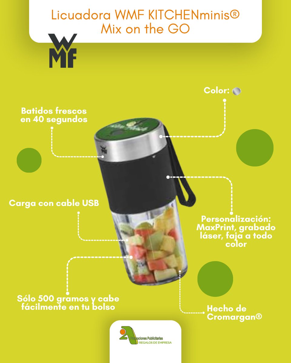 2APromociones's tweet image. Con la #WMF KITCHENminis® Mix on the go, hacer #smoothies nunca fue tan fácil... ¡Y en cualquier lugar!🍓✨

✅Batidora portátil cn batería recargable x USB
🎒Ligera y compacta ¡Llévala en la mochila!
🥤Vaso Tritan de 300 ml, libre de BPA

➕ℹ️➡️bit.ly/2AMP

#Leonesp