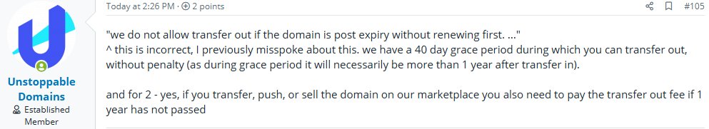 Update: Unstoppable Domains confirmed that Transfer out during the grace period (i.e. 40 days after expiry) is allowed without penalty.