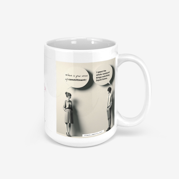 LIFE WITH JEMIMA and JIM.

===============

Poor Jim. He's in trouble again. 

He thinks binge-watching Squid Game is proof that he's got a sense of commitment. 

printy6.com/s/p/life-with-…

#relationship #commitment #SquidGame3