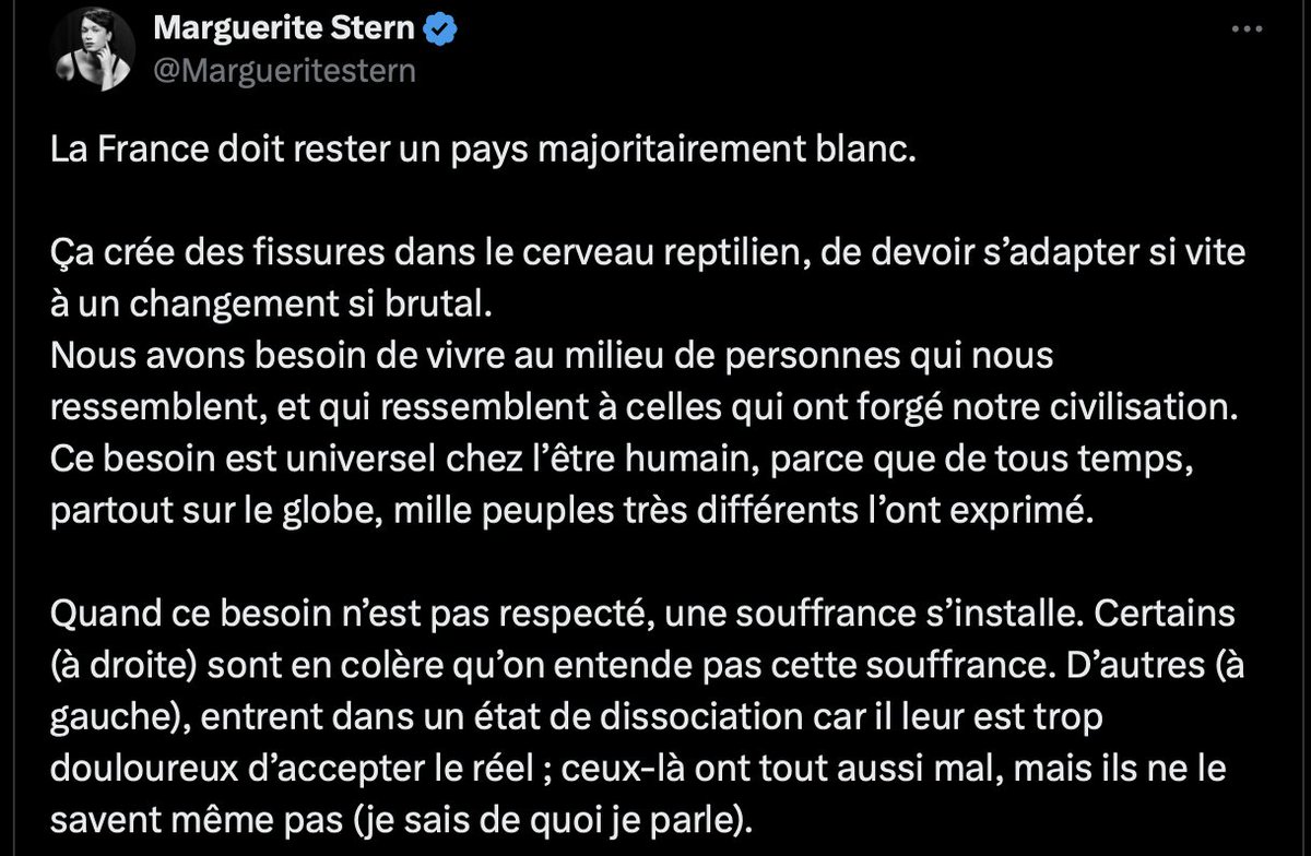 Pâquerette revendique d'avoir des "fissures dans le cerveau" parce qu'il y a des gens pas blancs et elle aime pas ça