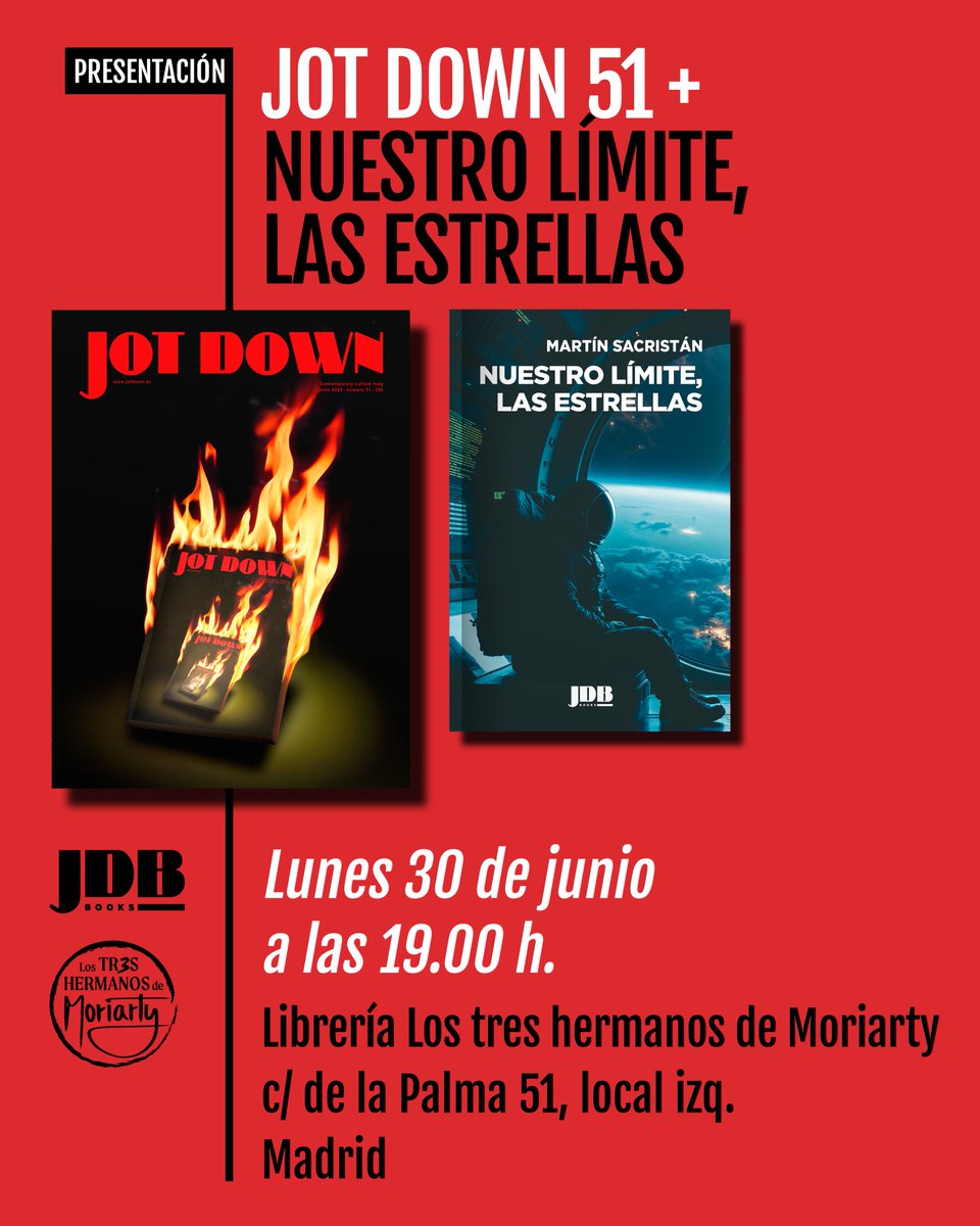 lostreshermanosdemoriarty (@los3demoriarty) on Twitter photo ¡Terminamos el mes de Junio con la gente de <a href="/JotDownSpain/">Jot Down Magazine</a> por partida doble!
Lunes 30 a las 19:00. ¡Terminamos el mes de Junio con la gente de <a href="/JotDownSpain/">Jot Down Magazine</a> por partida doble!
Lunes 30 a las 19:00.
