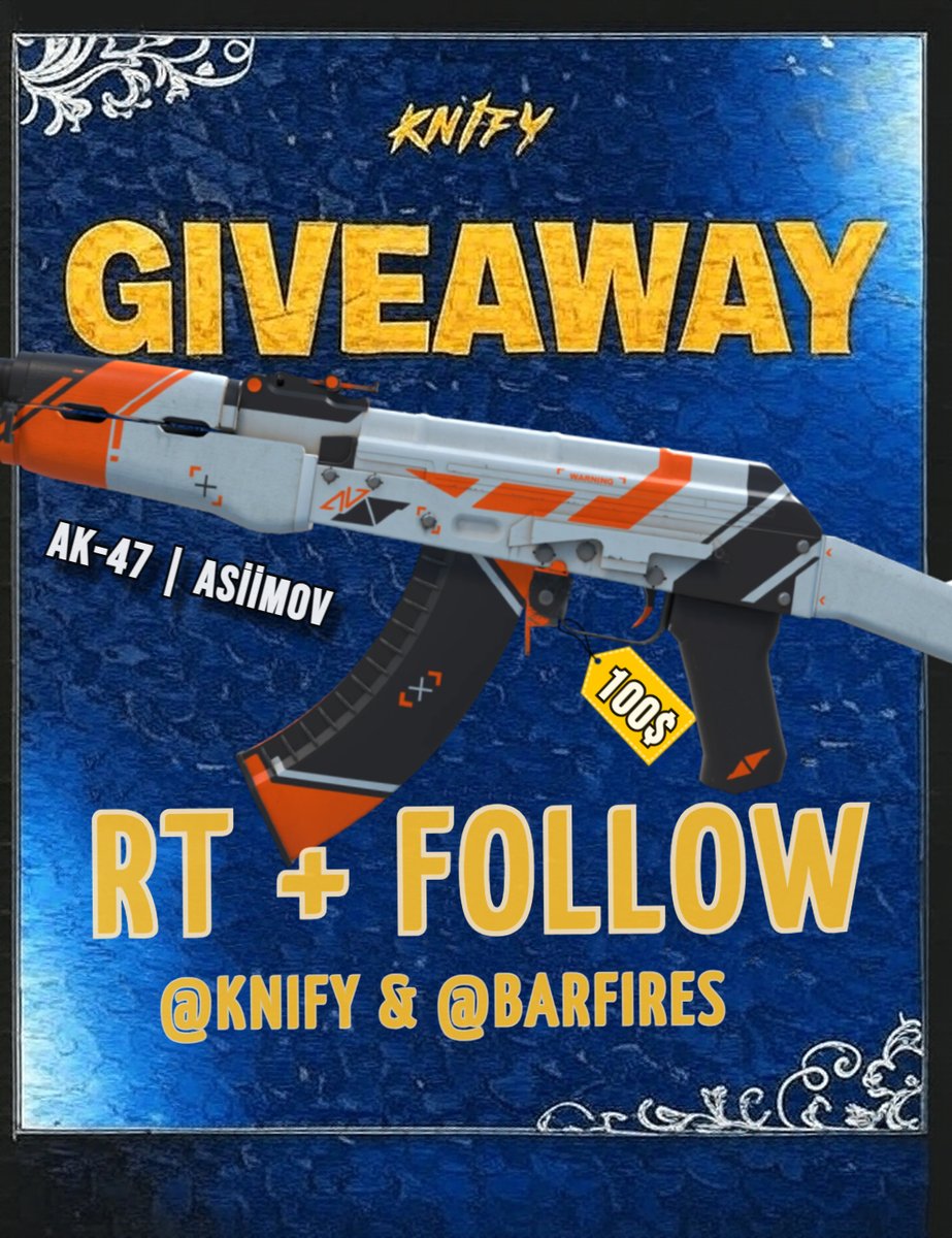 🎁 AK-47 | Asiimov  ($100)

📢To Enter Giveaway:

✅Follow <a href="/barfires/">barfires</a> &amp; <a href="/KnifyGG/">KNIFY</a> 
✅Retweet + Like
✅Tag 2 friend

📅Ends in 7 days!  

#CSGOGiveaway #cs2giveaway #cs2 #csgocases #CSGO