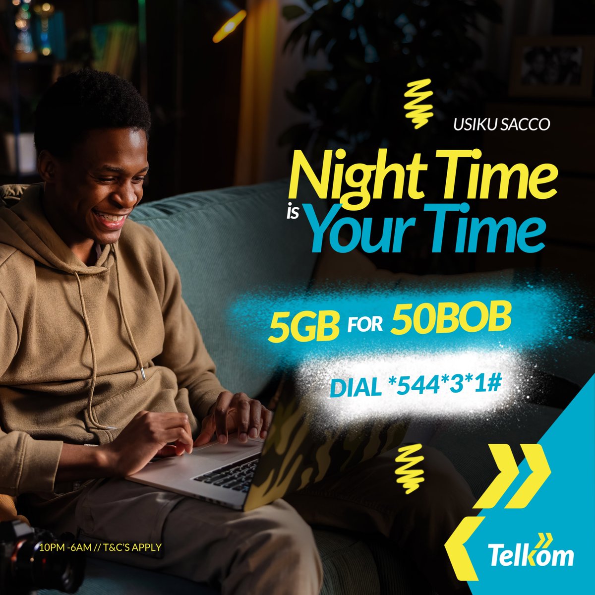 Own your nighttime adventures with #UsikuSacco! Score 5GB for just 50 bob and stay connected from 10 pm to 6 am. Whether you're streaming, studying, or socializing, this is the bundle for you. Simply dial *544*3*1# and make the most of your night.
