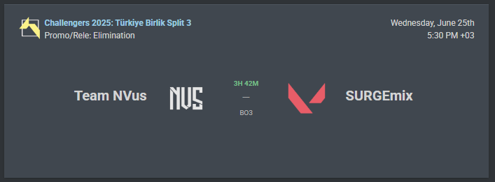 Challengers 2025: Türkiye Birlik Split 3 Promotion/Relegation Eleme Maçına çıkıyoruz!

🆚<a href="/NVusval/">Team NVus</a>
⏰17:30
📺twitch.tv/valorant_tur

Başarılar takım, sizdeyiz!