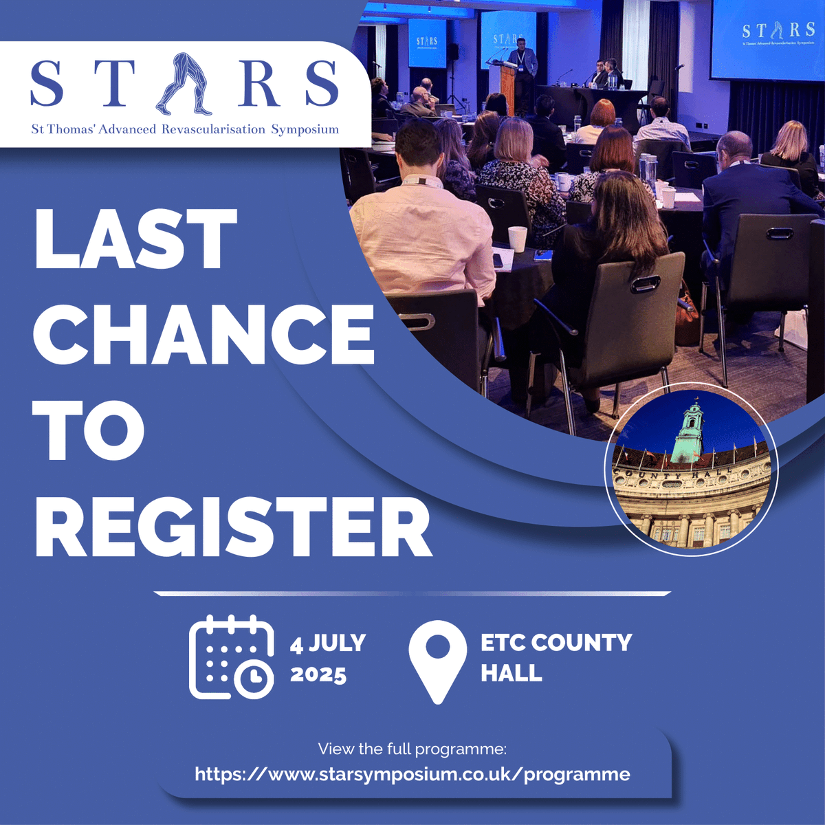 Time is running out to register for the STARS Symposium taking place next Friday. 

We have a programme packed full of amazing sessions and are ready to debate and discuss the critical issues in vascular and endovascular surgery.

For more info visit: lnkd.in/gM4CCYSe