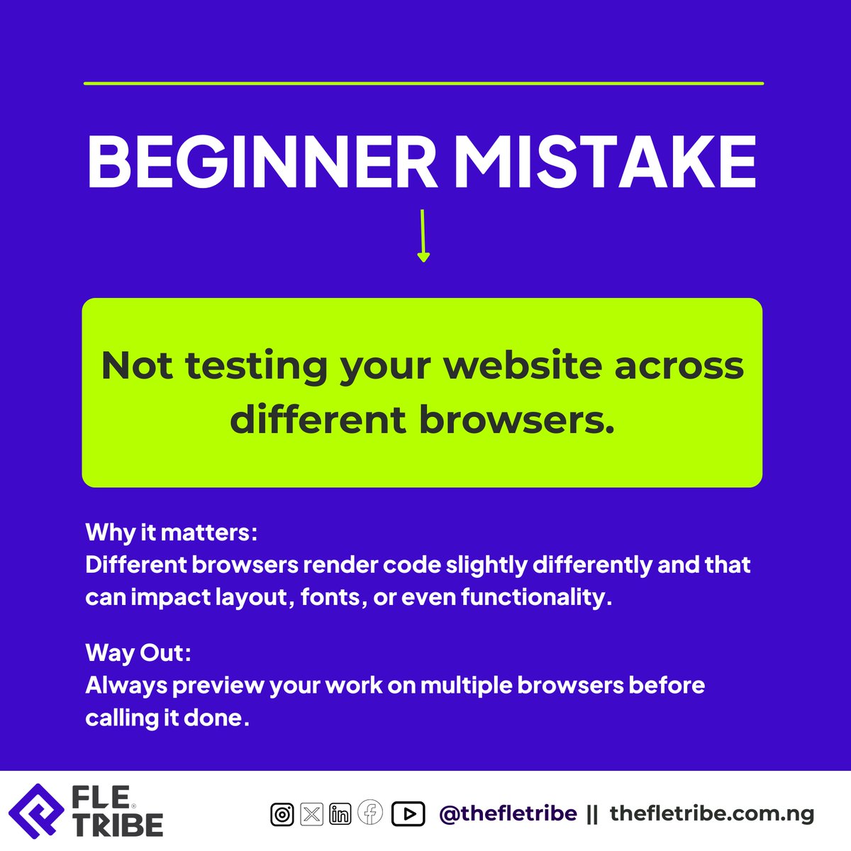 thefletribe's tweet image. Not testing your website across different browsers.

Why it matters:
Your site might look perfect in Chrome, but completely break in Firefox or Safari.

Way Out:
Tools like BrowserStack or real device testing can save you from unexpected surprises.

#TheFLETribe #BeginnerMistakes