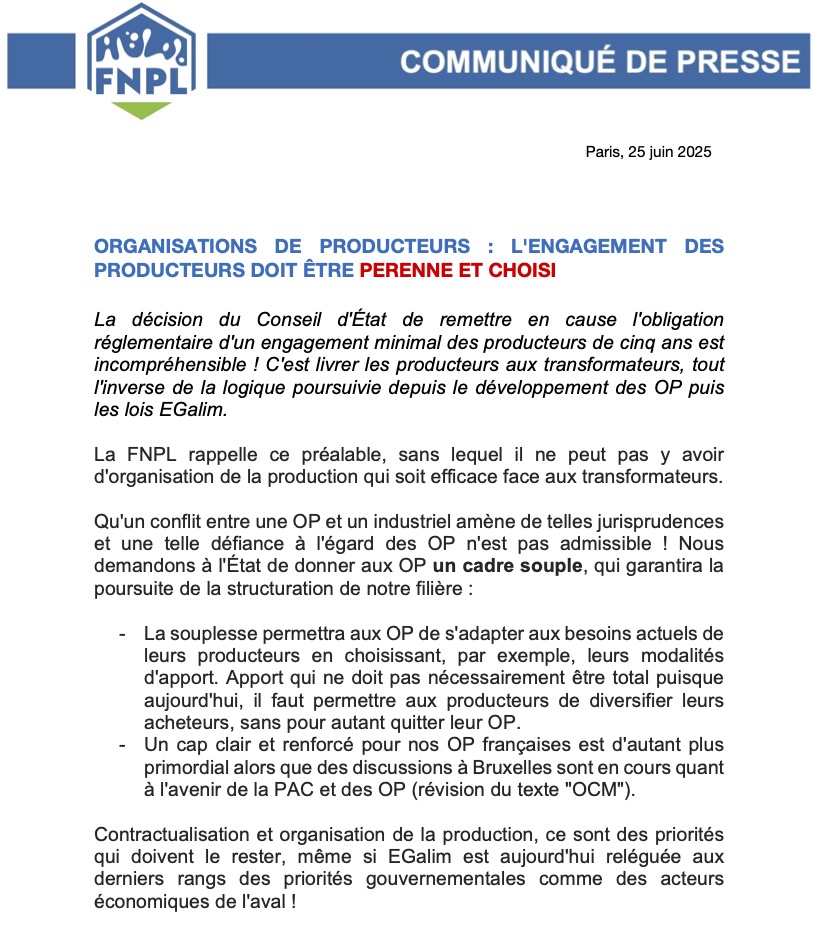 Communiqué de presse : ORGANISATIONS DE PRODUCTEURS : L'ENGAGEMENT DES PRODUCTEURS DOIT ÊTRE PERENNE ET CHOISI. #ceuxquifontlelait