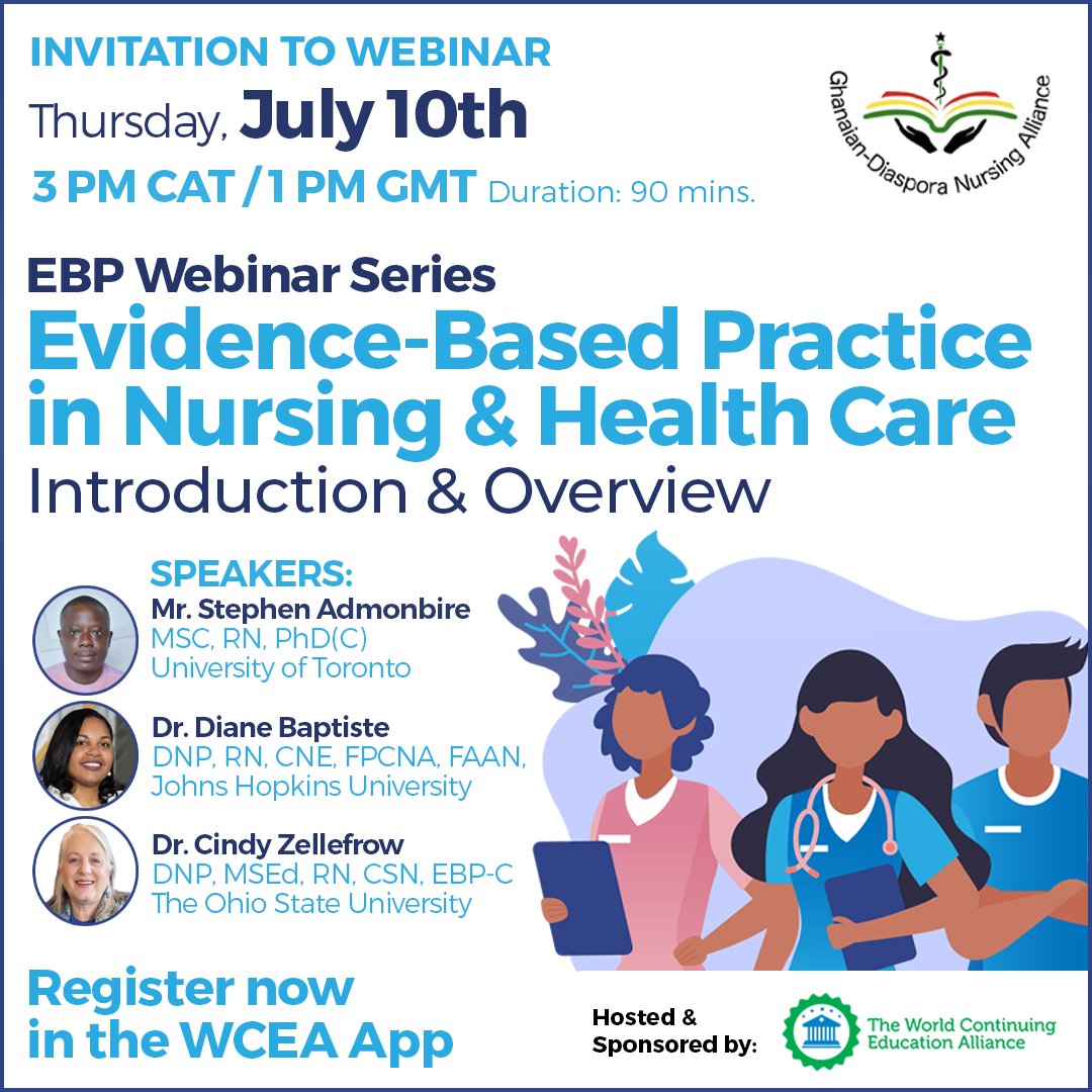 WCEA (World Continuing Education Alliance) (@worldcealliance) on Twitter photo π£ WCEA & <a href="/GDNAnursing/">Ghanaian-Diaspora Nursing Alliance (G-DNA)</a> present:
Intro to Evidence-Based Practice in Nursing & Health Care
π 10 July 2025 | π 3 PM CAT / 1 PM GMT
π€ Mr Adombire, Dr Baptiste, Dr Zellefrow
π 1.5 CPD Points | β± 90 min
Register wcea.education/portfolio-itemβ¦
#EBP #Nursing #GDNA #WCEA #CPD #PatientCare π£ WCEA & <a href="/GDNAnursing/">Ghanaian-Diaspora Nursing Alliance (G-DNA)</a> present:
Intro to Evidence-Based Practice in Nursing & Health Care
π 10 July 2025 | π 3 PM CAT / 1 PM GMT
π€ Mr Adombire, Dr Baptiste, Dr Zellefrow
π 1.5 CPD Points | β± 90 min
Register wcea.education/portfolio-itemβ¦
#EBP #Nursing #GDNA #WCEA #CPD #PatientCare