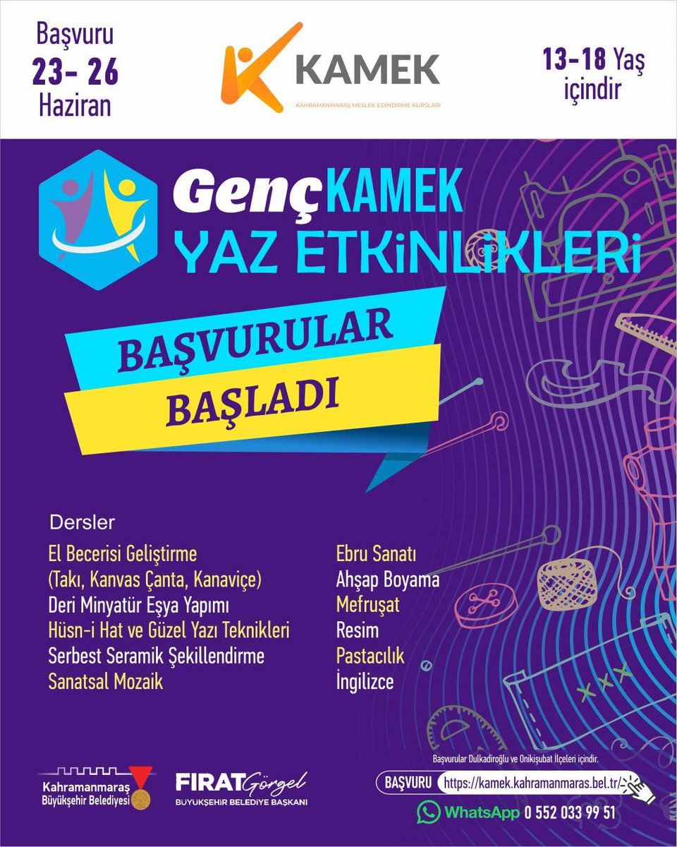 El becerilerini geliştirmek, yeni şeyler öğrenmek ve keyifli bir yaz geçirmek isteyen 13-18 yaş arası gençlerimizi bekliyoruz.📷
📷 Son Başvuru : 26 Haziran Perşembe
📷 Başvuru ve detaylar web sitemizin duyurular bölümünde
📷 kahramanmaras.bel.tr/.../genc-kamek…...
