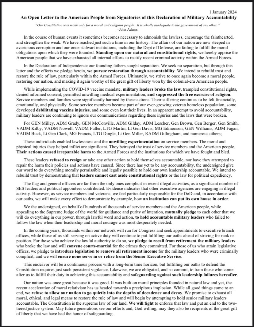 Today is June 25th, and no Admiral or General has been held accountable for the unlawful implementation of the COVID mandates by the <a href="/DeptofDefense/">Department of Defense 🇺🇸</a>.

MilitaryAccountability.net