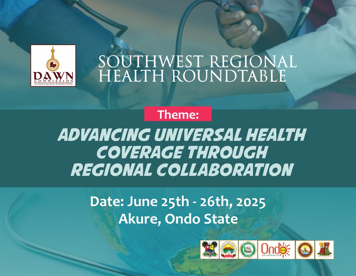 DAWN Commission (@dawncommission) on Twitter photo ONGOING!
Southwest Regional Health Roundtable
Theme: Advancing Universal Health Coverage through Regional Collaboration
Date: June 25th and 26th, 2025
Mention: <a href="/OndoStateGovt/">Ondo State Govt</a> <a href="/Osunstategovt/">Omo Osun</a> <a href="/OGSG_Official/">Ogun State Government - OGSG</a> <a href="/oyostategovt/">Oyo State Government</a> <a href="/ekitistategov/">Government of Ekiti State</a> <a href="/followlasg/">The Lagos State Govt</a> ONGOING!
Southwest Regional Health Roundtable
Theme: Advancing Universal Health Coverage through Regional Collaboration
Date: June 25th and 26th, 2025
Mention: <a href="/OndoStateGovt/">Ondo State Govt</a> <a href="/Osunstategovt/">Omo Osun</a> <a href="/OGSG_Official/">Ogun State Government - OGSG</a> <a href="/oyostategovt/">Oyo State Government</a> <a href="/ekitistategov/">Government of Ekiti State</a> <a href="/followlasg/">The Lagos State Govt</a>