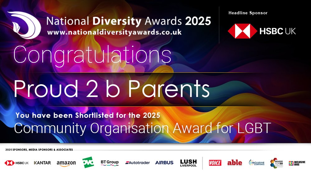 Congratulations <a href="/Proud2bParents/">Proud2bParents</a>. You have been shortlisted for the Community Organisation Award for LGBT at the National Diversity Awards 2025 in association with <a href="/HSBC_UK/">HSBC UK</a>!! Good Luck to you all! #NDA #NDA25 #ShortlistedNominee