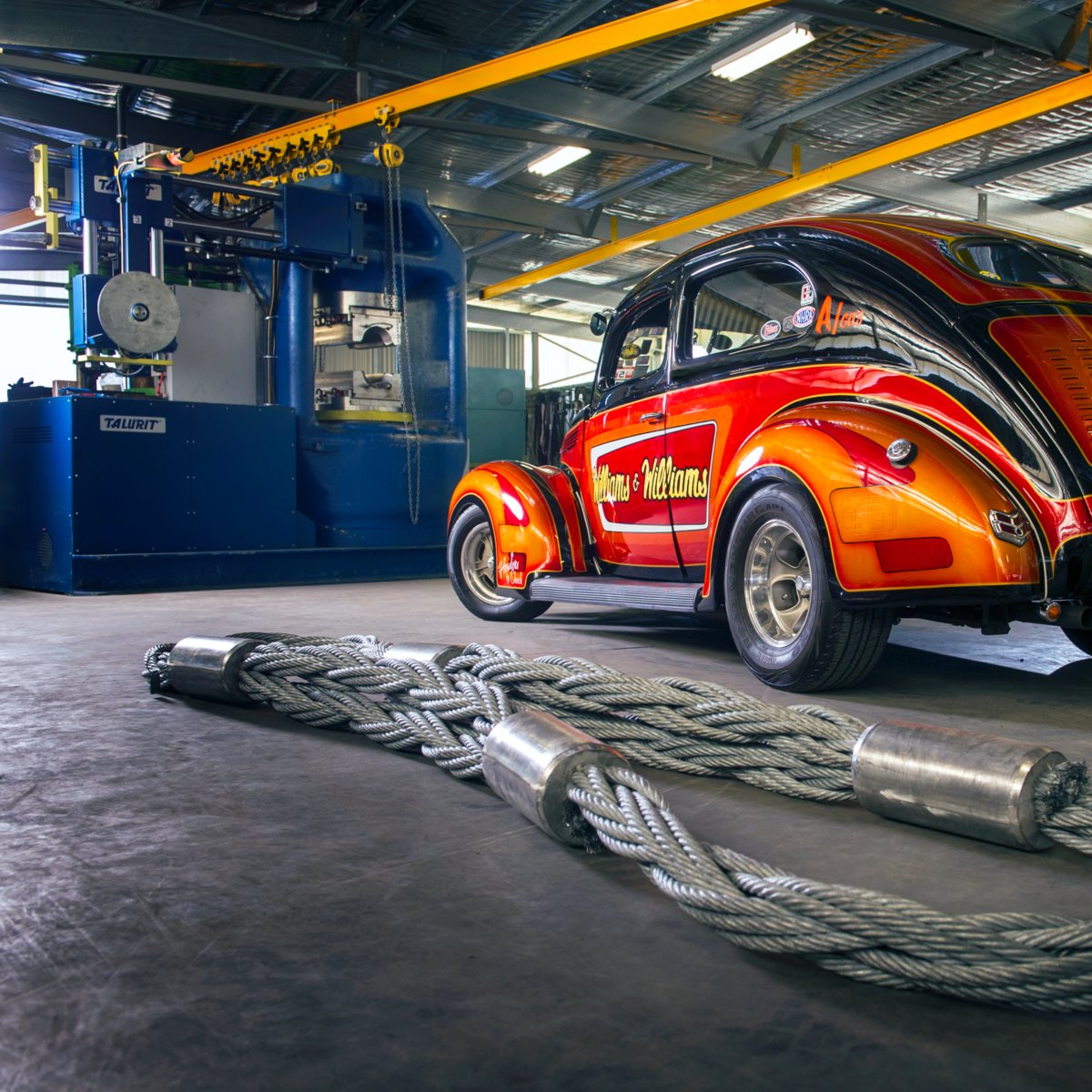 Our long-time customer Andromeda Industries in Australia captured this unique trio of muscle: a fiery Hot Rod, a Superflex sling built for strength &amp; flexibility, &amp; the Talurit® 4200T swager with RBS - the king of mechanical splicing 👑 talurit.com #Talurit #wirerope