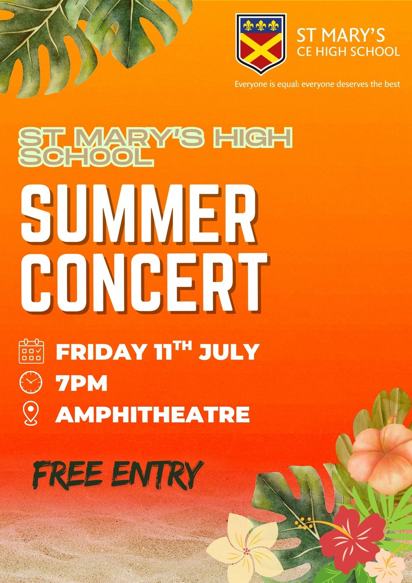 🎤FREE Summer Concert!
 
Join us Friday 11th July at 7pm in the stunning amphitheatre courtyard at St Mary’s High School for an unforgettable night of music!
 🎵Phoenix Singers choir
 🎤Talented Soloists
 🎸Professional Band
 🍹Refreshments &amp; Bar
Bring all your friends &amp; family.