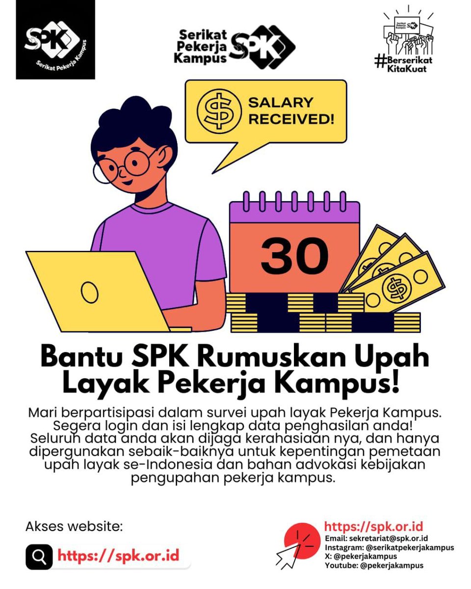 Kami butuh bantuan anda! Saatnya Berserikat! 
Yuk! Mari bersolidaritas bantu Serikat Pekerja Kampus mendapatkan gambaran upah para pekerja kampus se- Indonesia!