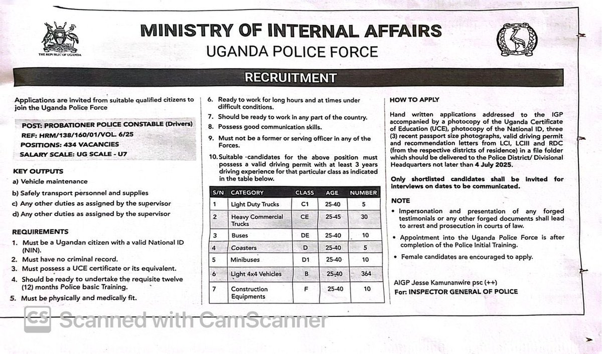 434 Vacancies for Probationer Police Constables (Drivers) – Apply by 4th July 2025.
