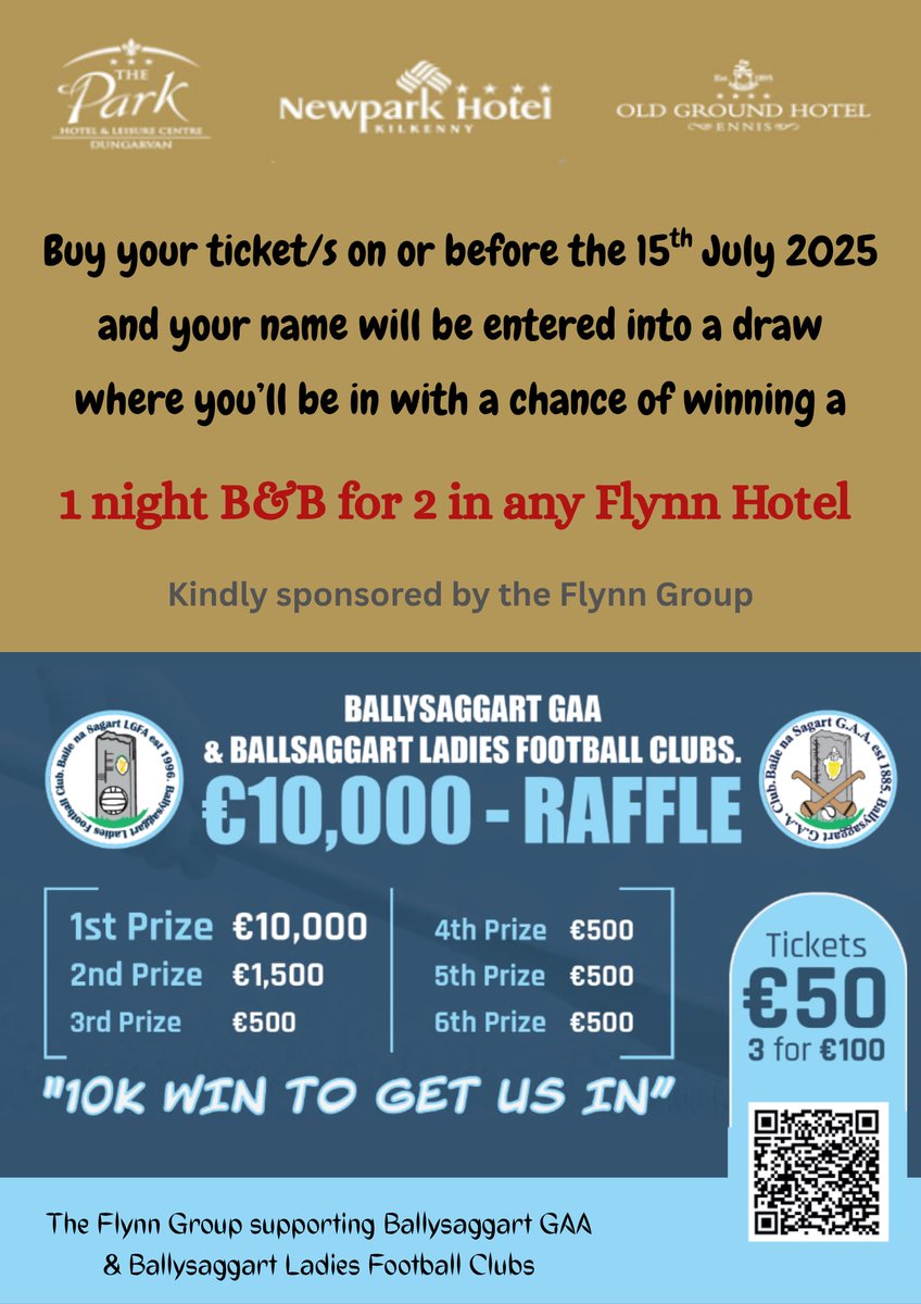 Anyone who buys a ticket/s before the 15th July will have their name entered into a draw where they could win 1 night B&amp;B for 2 in any Flynn hotel. You can buy your ticket/s by the scanning the QR on the ticket or from any committee member.