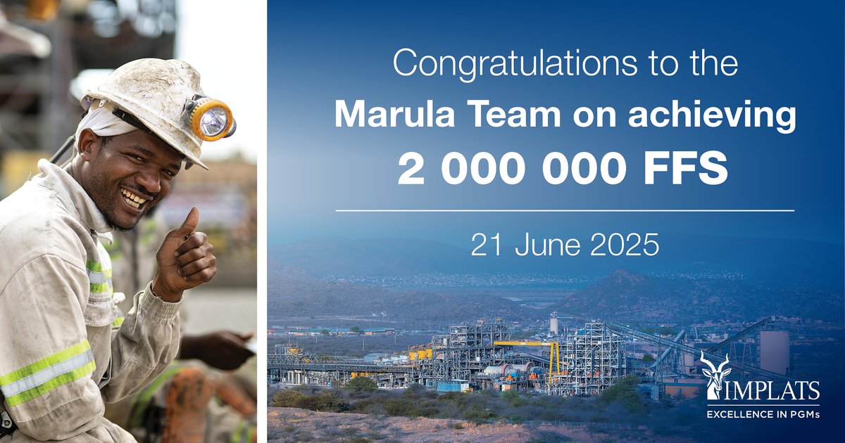 Implats's tweet photo. Well done to our Marula team for reaching a milestone of 2 000 000 fatality-free shifts as of 21 June. Marula General Manager, Lucky Mnisi, said, โThis excellent achievement is a direct reflection of the team's unwavering commitment to safety and operational excellence.โ#Implats https://t.co/cqiGLMN0zM